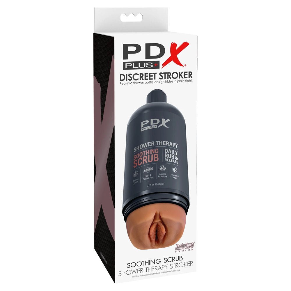 Pdx plus - shower therapy - soothing scrub - tan - realistic vagina -  box side view | Flirtybay